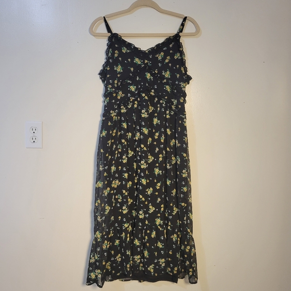 No Boundaries (Juniors L 11-13) Black Ditsy Floral Ruffle Midi Slip Sundress - Picture 5 of 9
